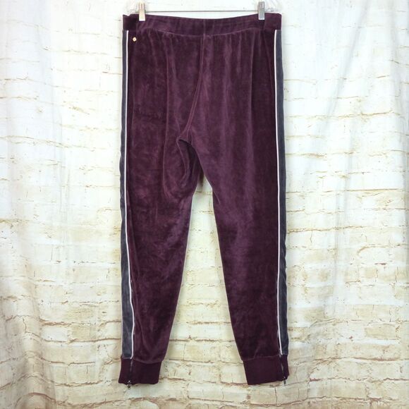Fabletics Britt Jogger Pants Womens XL Burgundy Velour Gray Side Stripe Zip Leg - Picture 9 of 12